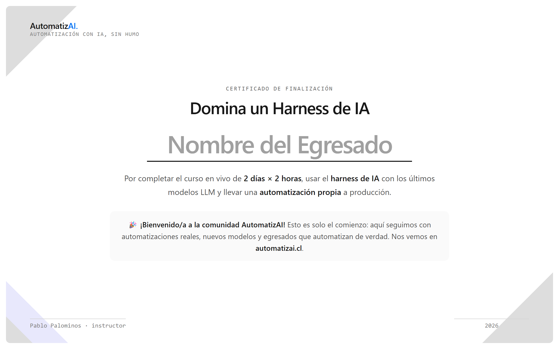 Muestra del certificado de finalización del curso «Domina un Harness de IA»
